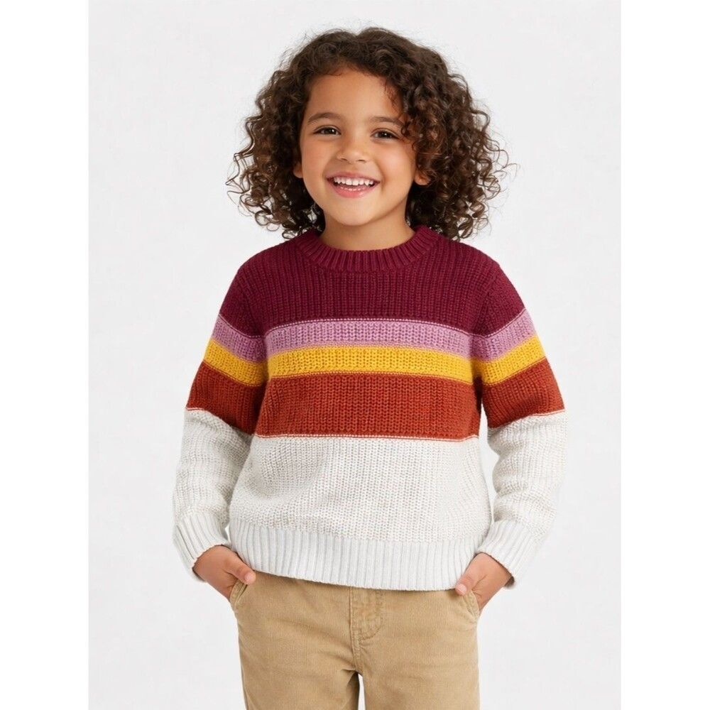 Cat & Jack Burgundy Colorblock Stripe Sweater 4T Chunky Knit Crewneck Cozy